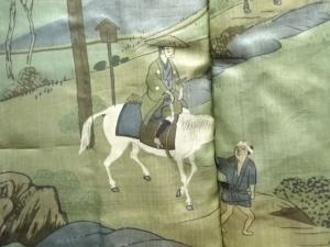 アンティーク　時代人物風景模様肩裏三つ紋羽二重男物羽織